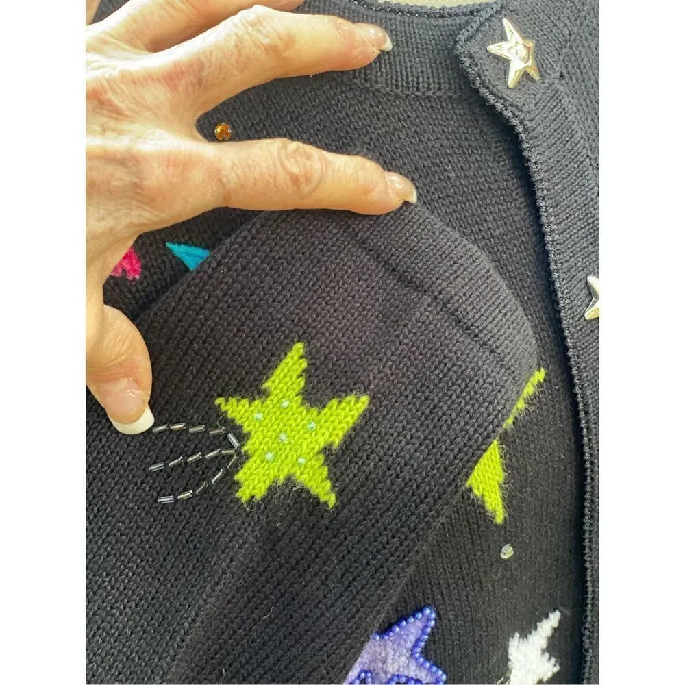 Jack B. Quick Cardigan Multi-Color Stars w/Star Buttons Size L Vintage Whimsy - Picture 7 of 10
